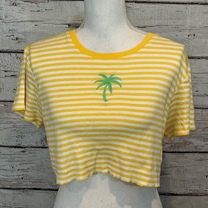 TALBOTS Cropped Tee w Palm Tree and Sunglasses Yellow/White Stripes-Large